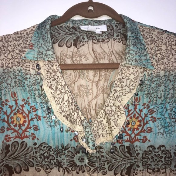 Dressbarn Boho Blouse Top M Button Up Embellished Long Sleeve Flare Cuff Multi - Picture 6 of 11